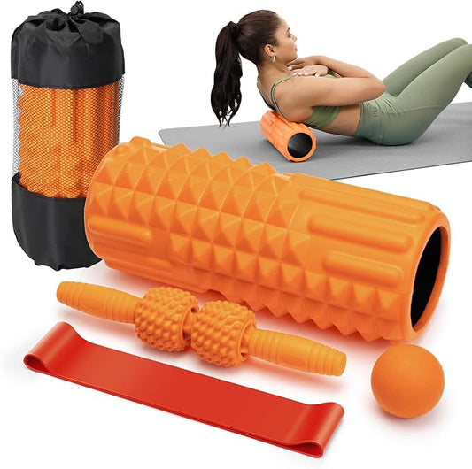 5 in 1 Foam Roller Set - Deep Tissue Foam Roller, Muscle Roller Stick, Massage Ball, Resistance Band for Physical Therapy & Deep Tissue Muscle Massage (Orange)-CasaMuseHome
