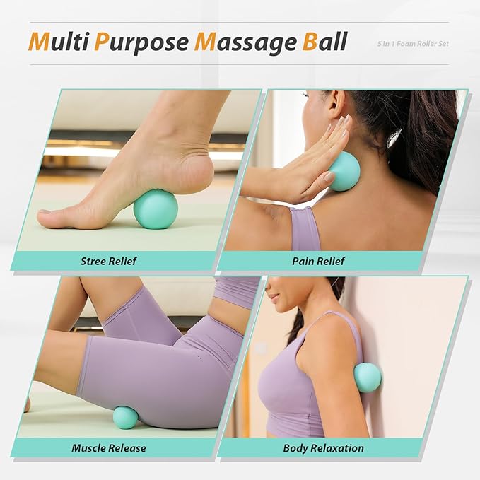 5 in1 Foam Roller Set, Trigger Point Foam Roller, Massage Roller Stick, Massage Ball, Resistance Band for Deep Muscle Massage Pilates Yoga,Fitness Exercise for Whole Body (Pure Turquoise)-CasaMuseHome