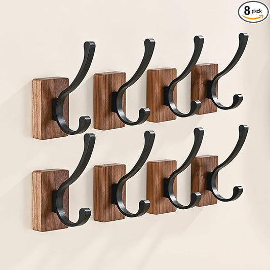 8 Pack Wooden Wall Hooks for Hanging, Adhesive Mounted & Wall Mounted Nature Wood Coat Hooks for Towel Clothes Blanket Hat Backpack Robe Nursery Door Board Entryway Key Holder-CasaMuseHome
