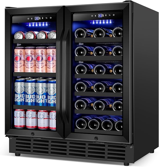 30 Inch Wine and Beverage Refrigerator, Upgrade Dual Zone Wine Cooler, 30'' Wine beverage Fridge Built in or Freestanding Under Counter Large Capacity Glass Door Advanced Cooling System,Black-CasaMuseHome