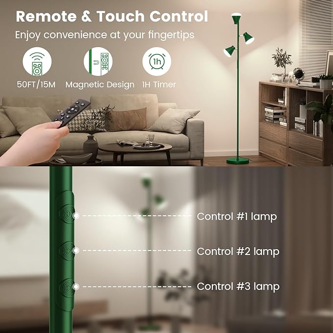 36W LED Tree Floor Lamp, Dimmable Tall Standing Lamp with Remote & Touch Control, 4 Color Temperatures Bright Floor Lamp, 3 Rotatable Light Modern Floor Lamps (Green)-CasaMuseHome