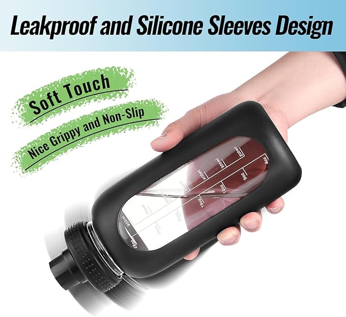 32 oz Glass Water Bottle with Straw and Handle, Sports Motivational Water Flask with Silicone Sleeve, Large Leakproof Water Flask Cup with Time Marker for Travel, Gym, Dark Purple-CasaMuseHome