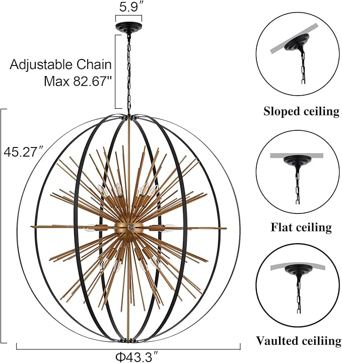 43.3" Black Gold 18-Light Globe Sputnik Chandelier Modern Adjustable Hanging Ceiling Firework Pendant Light Fixture for Entryway Foyer Stairway Kitchen Dining Living Room Hallway-CasaMuseHome