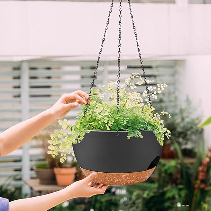 2 Pack Hanging Planters for Indoor Outdoor Plants, 12 Inch Self Watering Hanging Pot with Drainage Holes and Saucer, Plastic Plant Pots, Black Brown Flower Pots for Kitchen, Balcony, Garden-CasaMuseHome