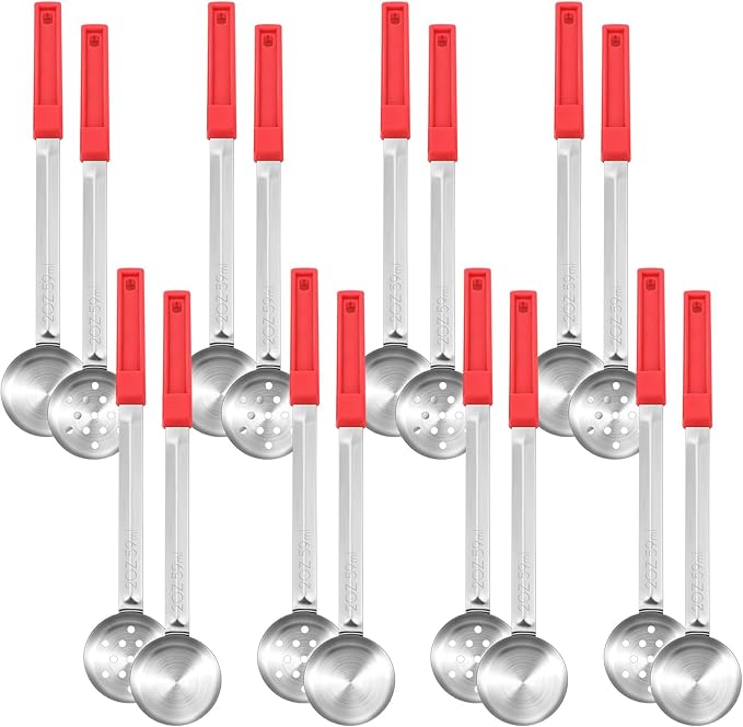 16 Pcs Portion Control Serving Spoons, Restaurant Measuring Serving Ladle Utensils, Portion Control Slotted Scoops for Weight Loss, Solid and Perforated Scoops(Red,2 oz)-CasaMuseHome