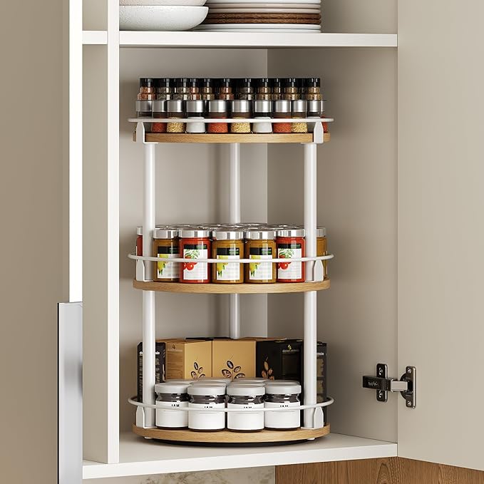 3-Tier Lazy Susan Organizer, Rotating Spice Rack, Spinning Organizer, Industrial Turntable Spice Rack Organizer for Cabinet, Kitchen Countertop, Pantry, White and Natural SR23WN-CasaMuseHome