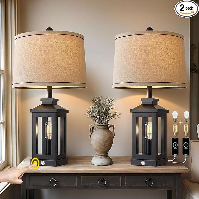 23.75" Retro Farmhouse Black Table Lamp for Living Room Bedroom Nightstand Set of 2 Touch Control Bedside Nightlight Vintage Modern Lamp with USB C+A Ports and 2 Light Sources-CasaMuseHome