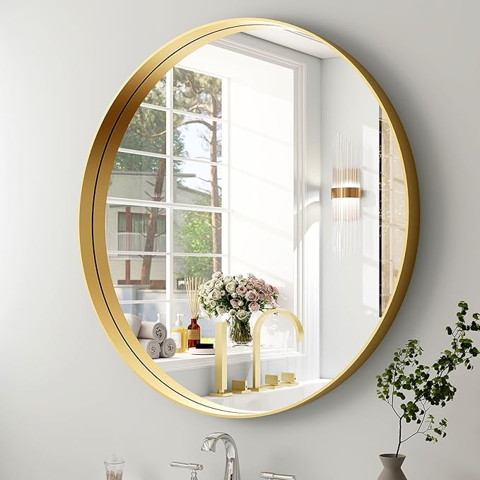 24 Inch Round Bathroom Mirror - Wall Mounted Circle Mirror with Metal Frame, Modern Mirror Suitable for Bathroom, Vanity, Entryway, Living Room, Wall Decor,Gold-CasaMuseHome