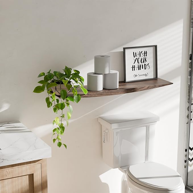 24’’ Black Walnut Floating Shelves - 6 Inch Deep Solid Wood Floating Shelf for Wall, Rustic Zen TV Shelf Wall Mounted, Live Edge Shelf with Invisible Brackets for Living Room, Bedroom, Kitchen.-CasaMuseHome