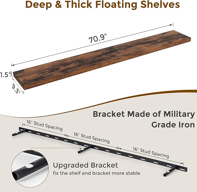 72 Inch Floating Shelves, 72 x 9 Rustic Wooden Fireplace Mantel, 9 Inch Floating Shelf for Wall, Farmhouse Wall Shelves for Home Storage & Display, Rustic Brown Color, Set of 1-CasaMuseHome