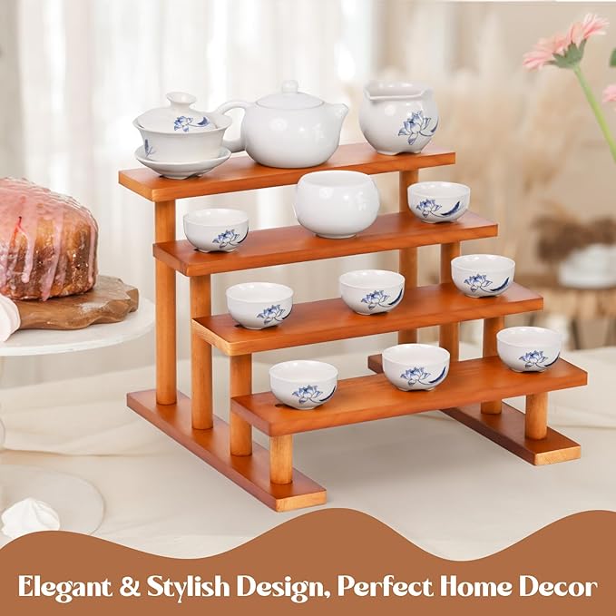 4 Tier Wooden Display Riser Stand Perfume Organizer, Dessert Table Display Set, Solid Wood Food Display Stands for Party, Bamboo Rustic Solid Wood Shelf for Cupcakes, Perfume, Cologne, Spiece-CasaMuseHome