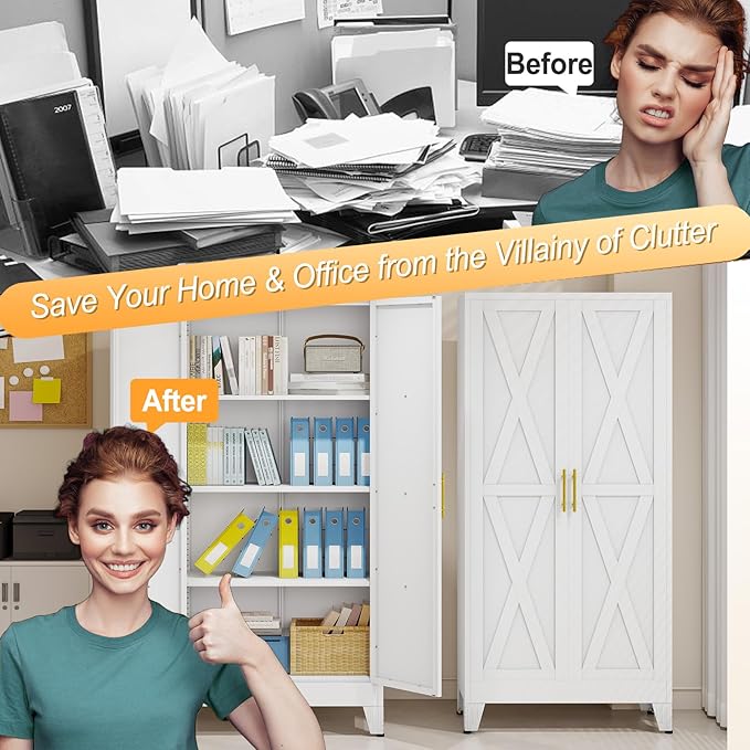 61" H Metal Kitchen Pantry Storage Cabinet, Freestanding Cupboard with 2 Doors and 3 Adjustable Shelves, Standing Storage for Kitchen, Bathroom, Garage, Dinning Room or Utility Room（White）-CasaMuseHome