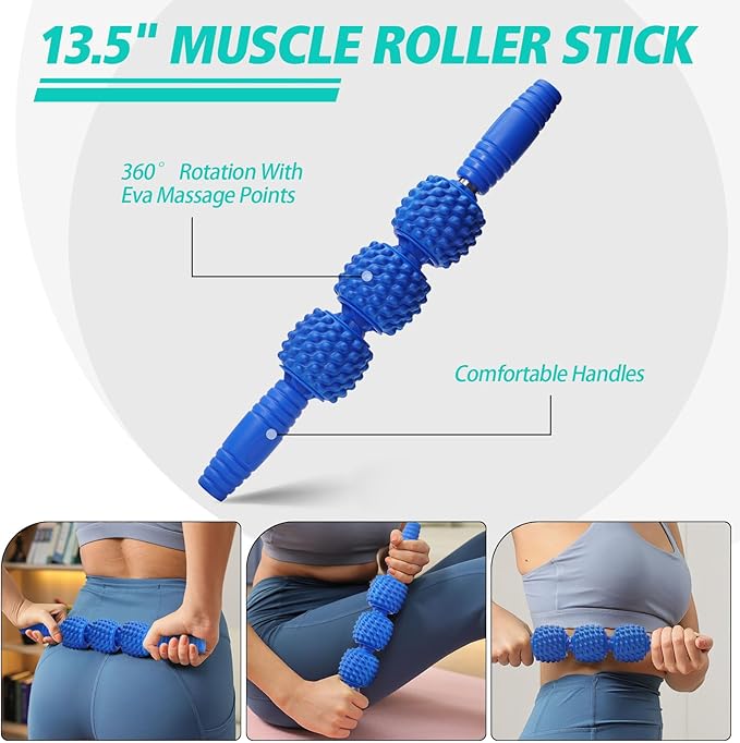 5-in-1 Foam Roller Set, Massage Roller Stick, Massage Ball, Resistance Band for Deep Muscle Massage, Trigger Point Release, Pilates, Yoga (Blue-Wave)-CasaMuseHome