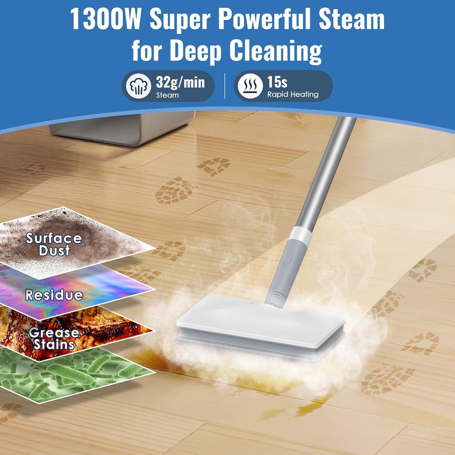 FEPPO Steam Mop & Handheld Steam Cleaner for Home and Floor Cleaning, 15s Heat-Up, 230°F Powerful Steamer with 10-in-1 Multi-Purpose Attachments for Floors, Hardwood,Tiles,Grout,Windows,Kitchen,Bath