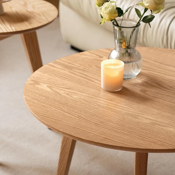 100% Solid Oak Wood Mini Coffee Table, Round Side Table w/Solid Wood Legs, Walnut Mid Century Coffee Table w/Sturdy Frame for Bedroom Balcony Living Room (29.53" D x 17.72" H)-CasaMuseHome