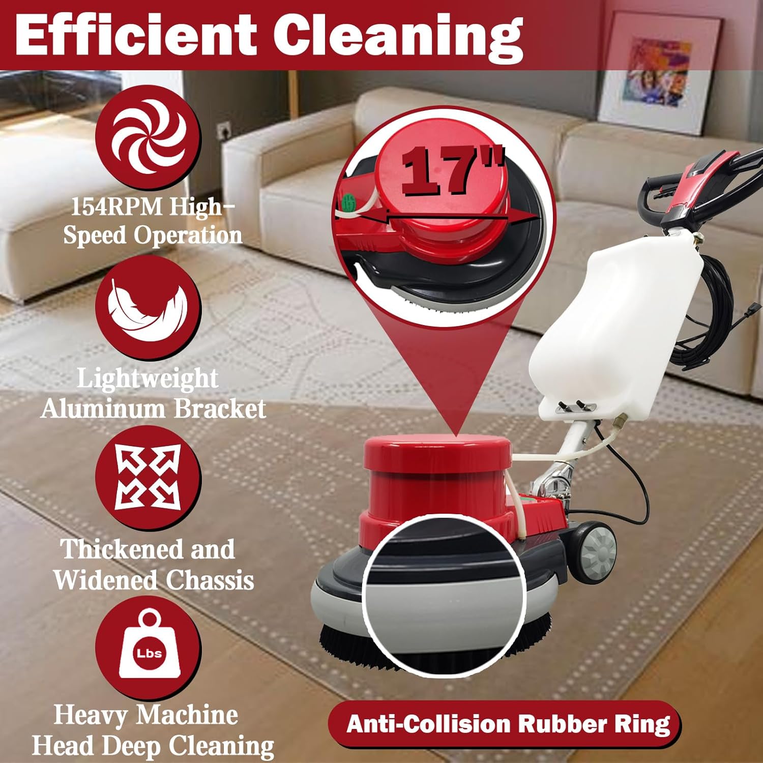 TECHTONGDA Floor Polisher & Buffer Commercial Floor Buffer Scrubber 17" Carpet Cleaning Machine 154RPM Industrial Orbiter Floor Cleaning with 3gal Tank and 3 Brush heads
