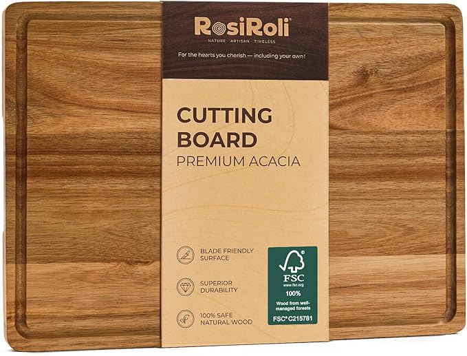 Acacia Wood Cutting Board for Kitchen - 1 inch Thick FSC Certified Wood Charcuterie Cheese Board with Side Handles and Juice Grooves, Wooden Chopping Block for Meat and Veggies, 17x12 inch-CasaMuseHome