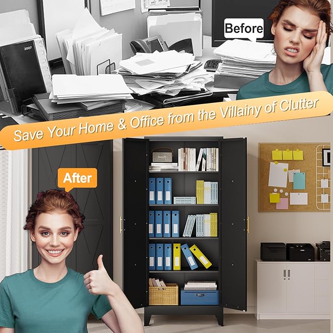 71" H Metal Kitchen Pantry Storage Cabinet, Freestanding Cupboard with 2 Doors and 4 Adjustable Shelves, Standing Storage for Kitchen, Bathroom, Garage, Dinning Room or Utility Room（Black）-CasaMuseHome