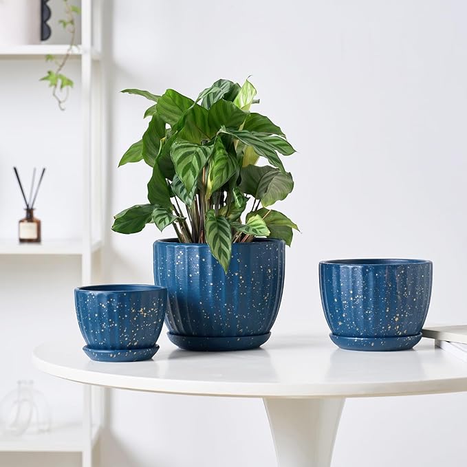 4/5/6 Inches Ceramic Plant Pots with Drainage Holes and Saucers, Round Flower Pots for Indoor Plant, Modern Flower Planters Set of 3 (Blue with Dot-Big Size)-CasaMuseHome