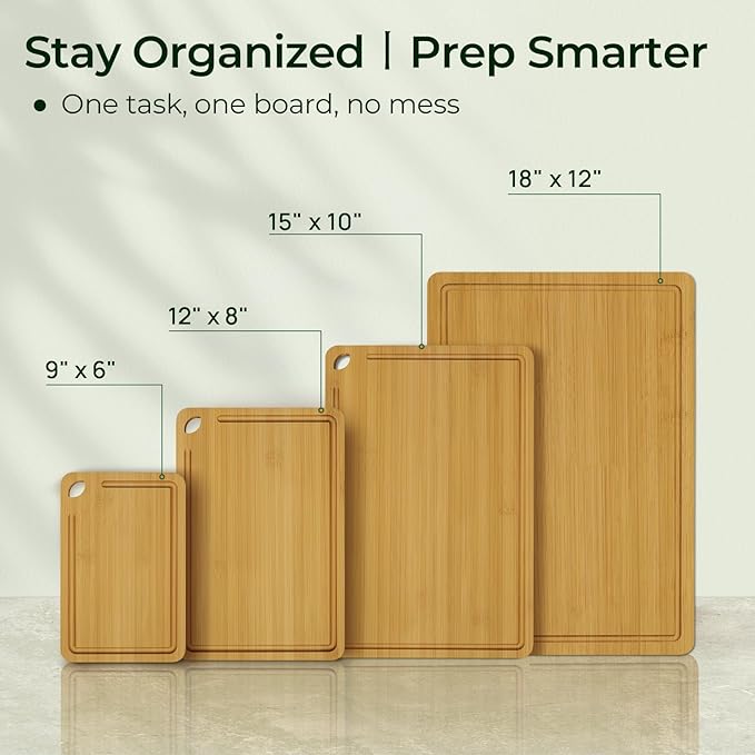 4-Pcs Natural Wood Cutting Board Set Kitchen Tools with Juice Groove, Wooden Chopping Board for Meat, Fruit, Vegetables & Cheese (Pre Oiled, Natural)-CasaMuseHome