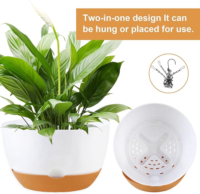 8/10/12 inch Hanging Planters for Indoor Outdoor Plants with Self-Watering Pots, 3 Pack Plastic Hanging Basket with Removable Tray for Home Garden Porch Balcony Patio Decor(White)-CasaMuseHome