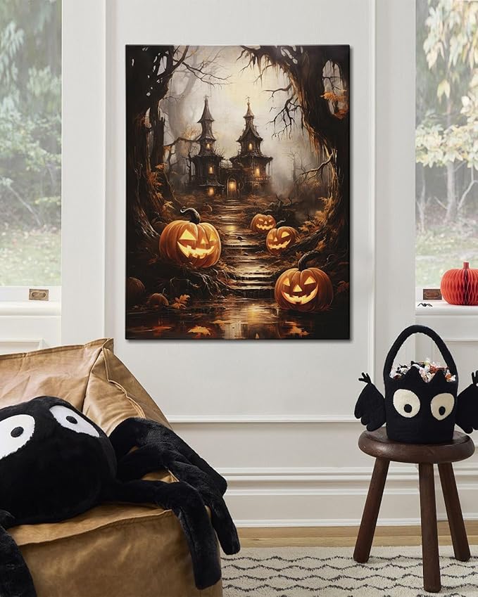 AbcCustomize Halloween Canvas Wall Art - Spooky Haunted House & Eerie Pumpkins Poster, Gothic Fall Decorations for Home, Vintage Halloween Decor Indoor for Living Room, Bedroom & Party-CasaMuseHome