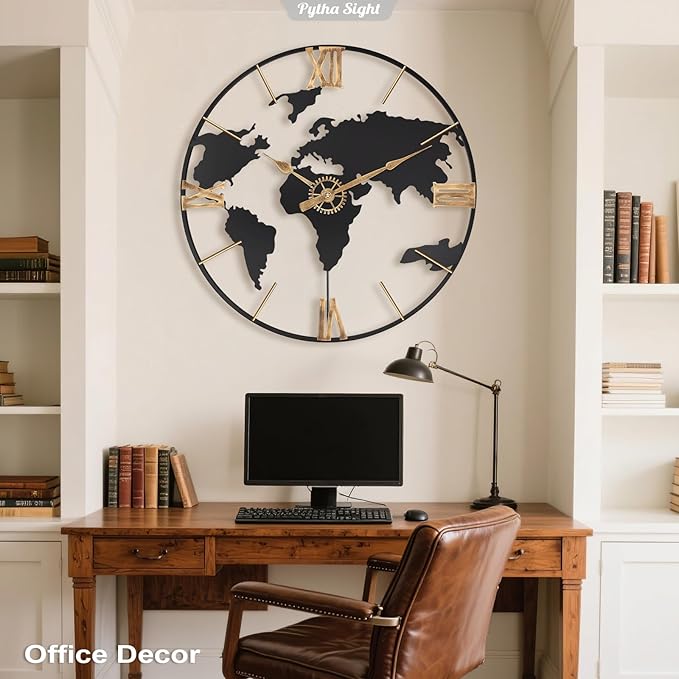 30 Inch Large Modern Decorative Metal World Map Wall Clocks Giant Extra Vintage Gold Roman Numeral Oversized Wall Clock for Living Room,Office,Dining Room,Entryway,Fireplace-CasaMuseHome