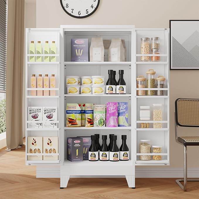 51" H Metal Kitchen Pantry Storage Cabinet, Freestanding Cupboard Storage Cabinet with Doors and Adjustable Shelves, Large Stand Up Food Cupboard for Living Room, Dinning Room, White-CasaMuseHome