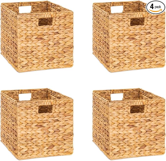 10.5 x 10.5 Storage Cubes – Water Hyacinth Wicker Baskets for Organizing, Wicker Storage Cubes, Storage Baskets for Shelves (4 Packs 10.5in)-CasaMuseHome