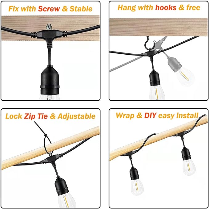 48FT Outdoor String Lights LED Heavy-Duty Waterproof Patio Lights with 16 Shatterproof Plastic 2200K Warm White Bulbs for Patio Gazebo Pergola Cafe Market Bistro-CasaMuseHome