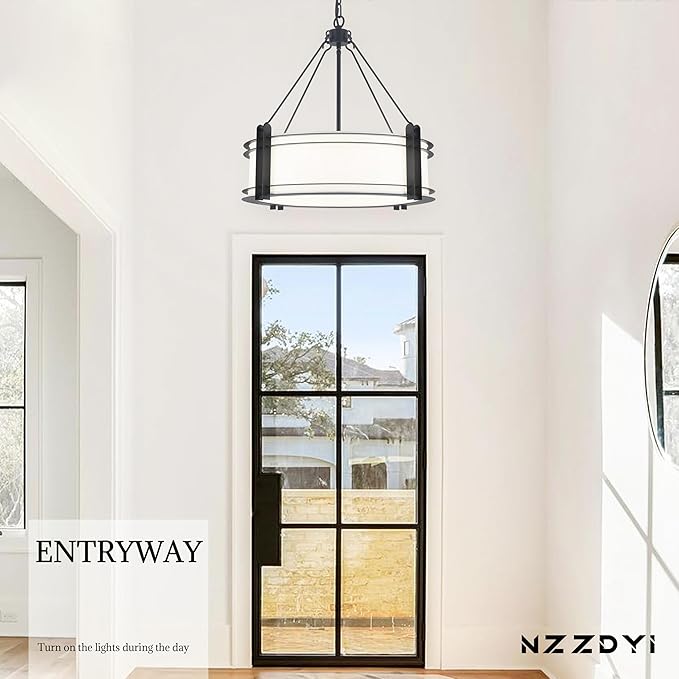 20.4''Drum Chandelier,5-Light Fabric Modern Chandeliers,Black Farmhouse Round Pendant Light Fixture for Dining Room Kitchen Island Living Room Bedroom Hallway-CasaMuseHome