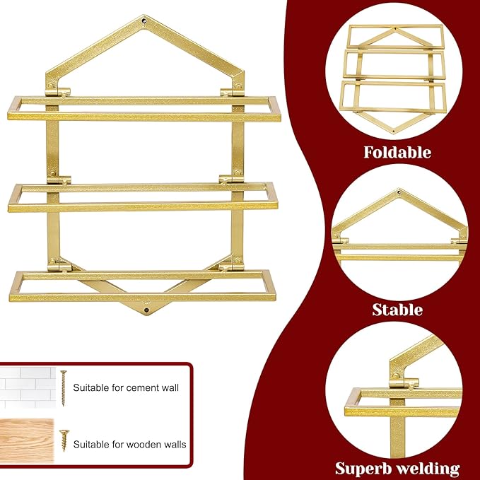 2Pcs Wall Mounted Wine Stemware Rack, Metal Hanging Wine Glass Display Holde Holds 3 Bottles, Elegant Storage for Kitchen Dining Room Bar Wine Cellar (Gold)-CasaMuseHome