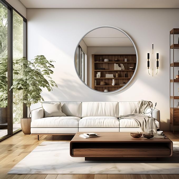 30 Inch Round Bathroom Mirror - Wall Mounted Circle Mirror with Metal Frame, Modern Mirror Suitable for Bathroom, Vanity, Entryway, Living Room, Wall Decor,Silver-CasaMuseHome