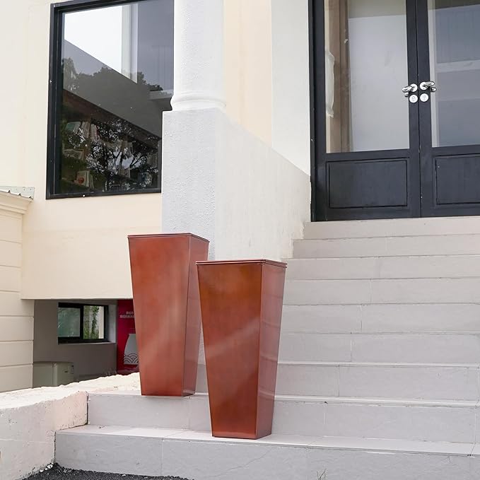 28in Tall Metal Copper Square Planter Galvanized Steel Metal Planters for Indoor/Patio Deck Garden Entrance Planter-CasaMuseHome