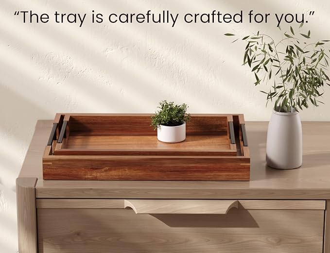 Acacia Wood Set of 2 Serving Tray with Metal Handles,Ottoman Decorative Trays Platter for Coffee Table,Living Room,Bar,Party-CasaMuseHome