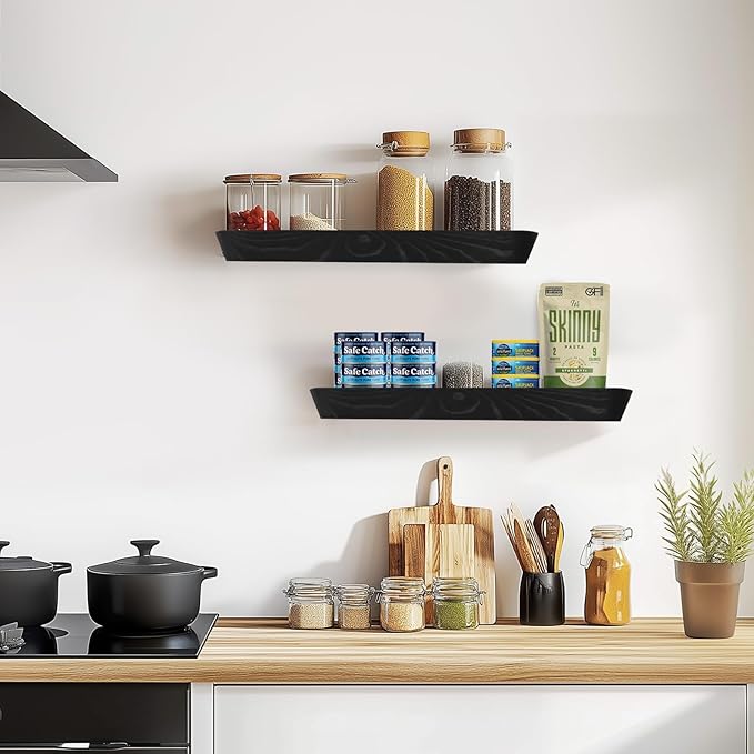 16"x6.8"x1.6" Slanted Floating Wall Shelves 2-Pack - Rustic Black Finish, Heavy-Duty Solid Wood Design with Hidden Brackets - Perfect for Living Room, Kitchen, Bathroom, or Office-CasaMuseHome