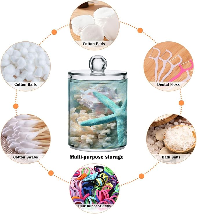 2 Pack Qtip Holder Organizer Dispenser Seashell Starfish Summer Beach Bathroom Storage Canister Cotton Ball Holder Container for Cotton Swabs/Pads/Floss-CasaMuseHome