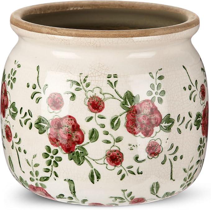 1 Pcs Vintage Planter Large Ceramic Plants Pot Red Plum Crack Cottage Scroll Vase Flower Vase Pot Indoor Plants Home Kitchen Decor Farmhouse Antique Decorative Gift-CasaMuseHome