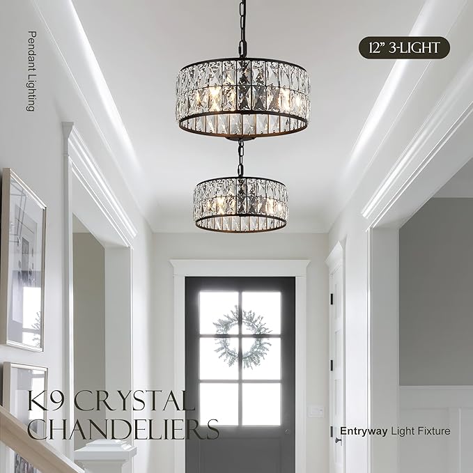 12” 3-Light Modern Crystal Chandeliers Black Dinning Room Light Fixture, Round Pendant Light Kitchen Island Chandelier, Flush Mount Ceiling Light for Living Room Entryway Bedroom Foyer-CasaMuseHome