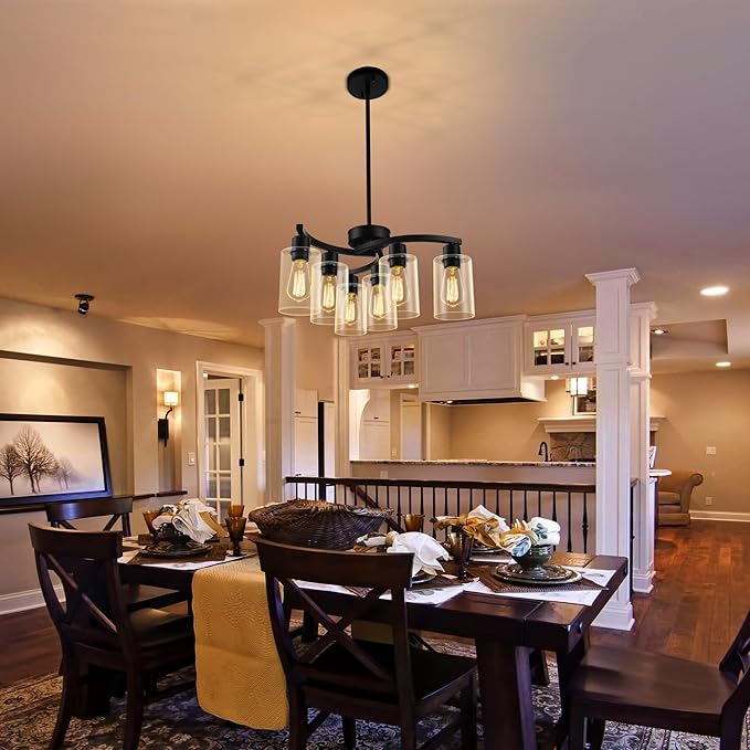 6-Light Modern Farmhouse Black Chandelier, Contemporary Dining Room Light Fixture, Adjustable Height Hanging Industrial Pendant Lights Kitchen Island, Clear Glass Shade-CasaMuseHome