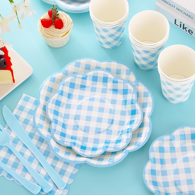 175 Pcs Blue Gingham Plates and Napkins Party Supplies - Blue and White Checkered Plates Sets Serve 25 Guests - Scalloped Gingham Paper Plate for Birthday Dinner Wedding Baby Shower Party Decorations-CasaMuseHome