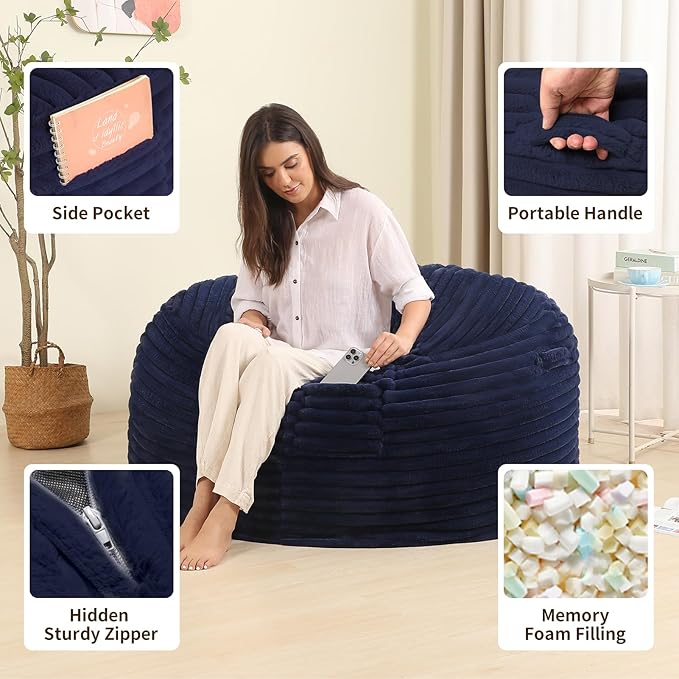 4FT Memory Foam Bean Bag Chair for Adults/Teens, Bean Bag Sofa with Fluffy Removable Cover, for Living Room Bedroom, Blue-CasaMuseHome