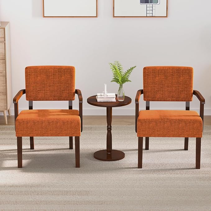 Accent Chair Set of 2 with Table, Living Room Chairs with Soft Seat and Armrests for Living Room Bedroom Reading Room Waiting Room (Orange), Linen, AC01-CasaMuseHome