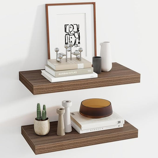 24 Inch Floating Shelves, 12 Inch Deep Floating Shelves for Wall, Floating Shelf with Invisible Brackets, Deep Shelves for Bathroom, Bedroom, Living Room, 2 Pack, Walnut-CasaMuseHome