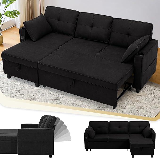 84 Inches Fabric Sectional Sofa w/Pull Out Sofa Bed & Adjustable Back, Tufted L Shaped Couch w/Storage Chaise, Sleeper Sectional Sofa w/USB Port & Cup Holders for Living Room, Black-CasaMuseHome
