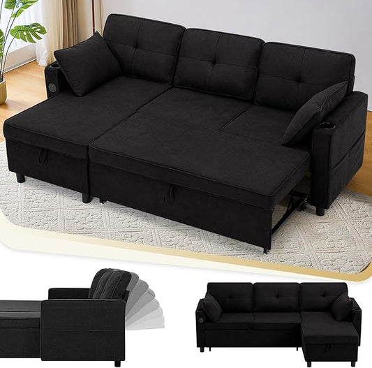 84 Inches Fabric Sectional Sofa w/Pull Out Sofa Bed & Adjustable Back, Tufted L Shaped Couch w/Storage Chaise, Sleeper Sectional Sofa w/USB Port & Cup Holders for Living Room, Black-CasaMuseHome