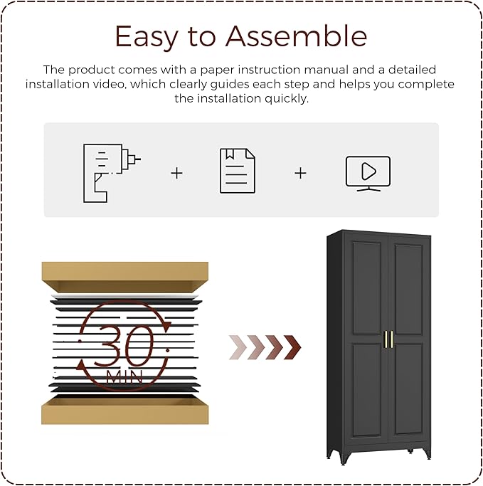 75" Kitchen Pantry Cabinet, Black Metal Storage Cabinets with 2 Doors and 4 Adjustable Shelves, Tall Pantry Storage Cabinet for Kitchen, Dining Room, Living Room-CasaMuseHome