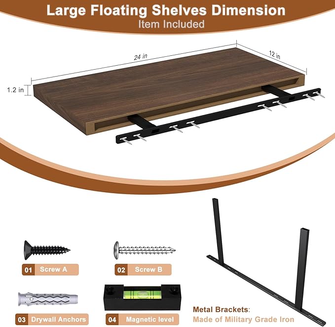 12 Inch Deep Floating Shelves for Wall 1 Pack Floating Shelves Large Storage Space Wall Mount Shelf for Living Room Kitchen Bathroom 24" W x 12" D x 1.2" H Walnut-CasaMuseHome