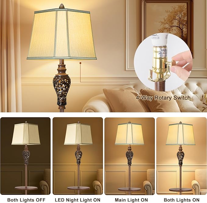 65" High Vintage Floor Lamp with Night Light and Glass Tray, Farmhouse Standing Lamp with Beige Faux Silk Shade, Retro Rustic Tall Lamp Decor for Living Room, Bedroom, Bedside, Corner (Bulb Included)-CasaMuseHome