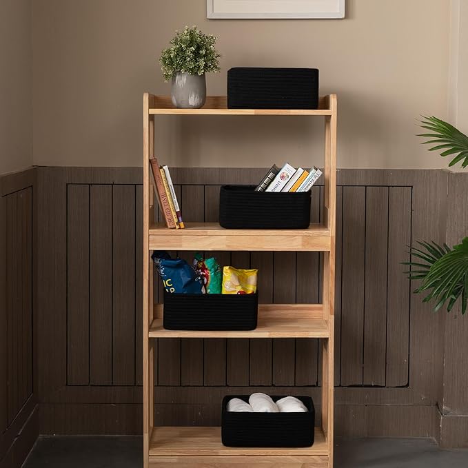 4 Pack Small Storage Shelf Baskets for Organizing, Mini Woven Rope Storage Bins for Towels, Cute Decorative Closet Organizer，Baby Nursery, Gift Empty Baskets -13''Lx8.66''Wx5.11''H-Black-CasaMuseHome